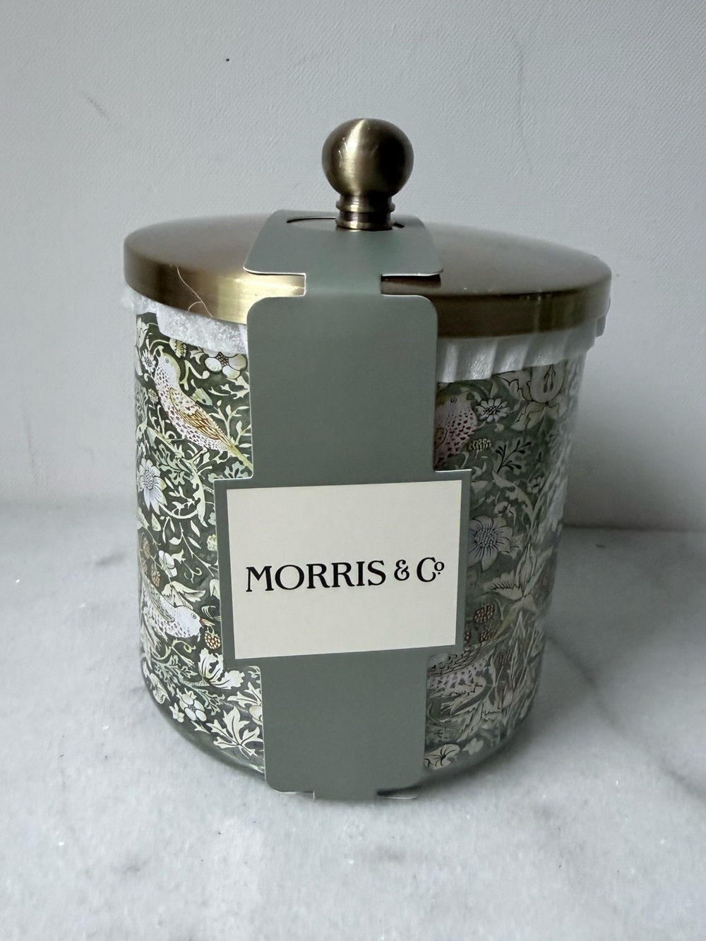 Morris & Co. Decorative canister- Sage Green & Gold strawberry thief’s pattern